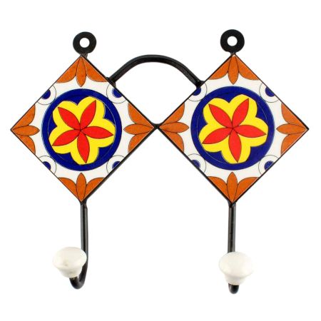 Ceramic Floral Tile Hook in Orange